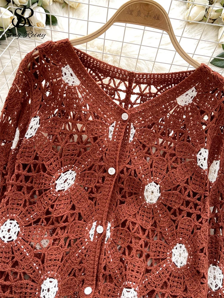 Singreiny Fashion Senior Beach Shirt Single Chest Full Sleeve Loose Coat Hook Flower Hollow Unique Knitted Casual Top 250407