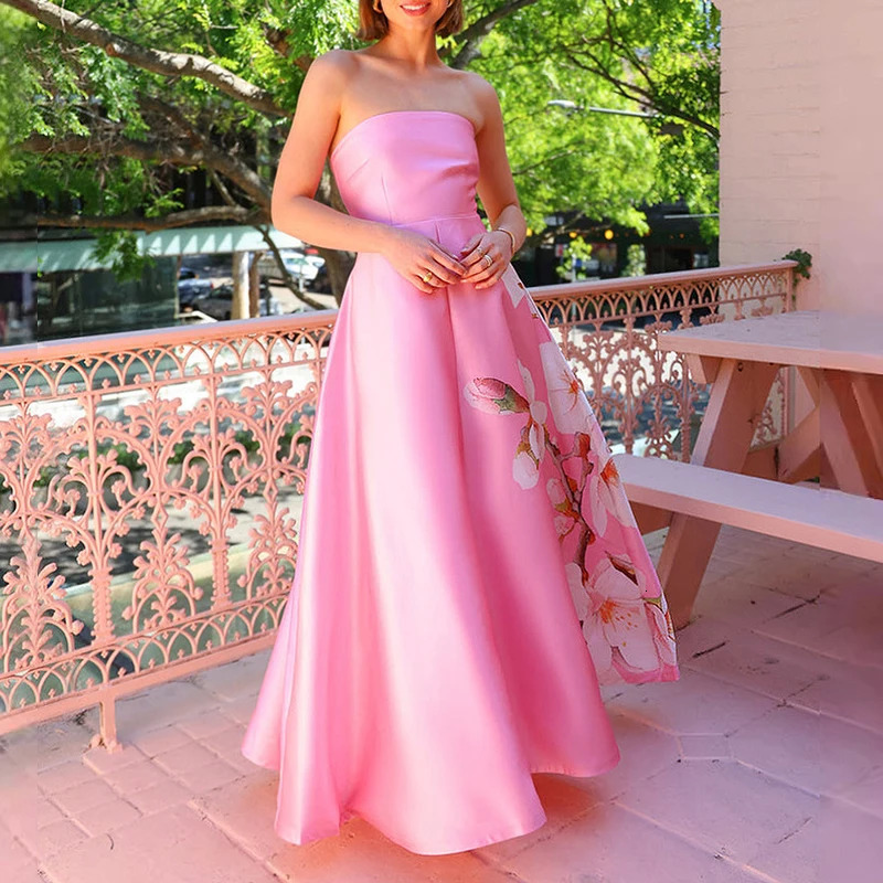 Womens fashionable floral printed beach long dress casual sleeveless high waisted party dress elegant strapless pleated ultra-thin Bosnian dress 25040