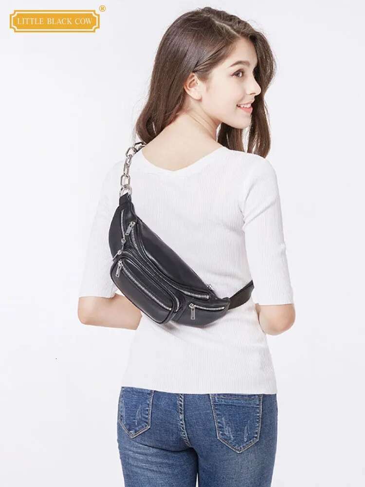 High Street Women Genuine Chest Casual Multi Pocket Waist Bags Fashion Cow Leather Sheepskin Chain Shoulder Bag Flap