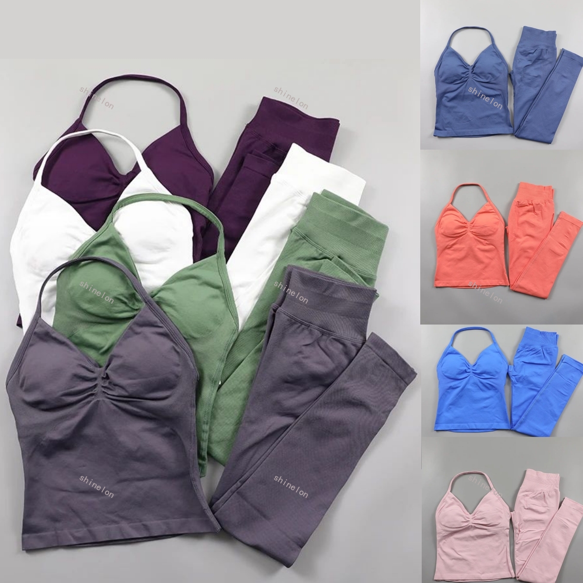 Womens Impact Longline Strappy Top Vest and Leggings Padded High Waist Scrunch Seamless Yoga Leggings Fitness Clothes Workout Sets Gym Suit Activewear Gym Set