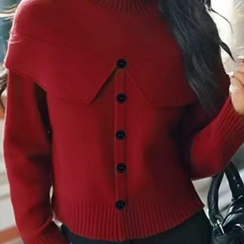 Women's solid-color top, long-sleeved sweater with turned-up collar, fake buttons, casual and romantic style, women's outwear, women's 