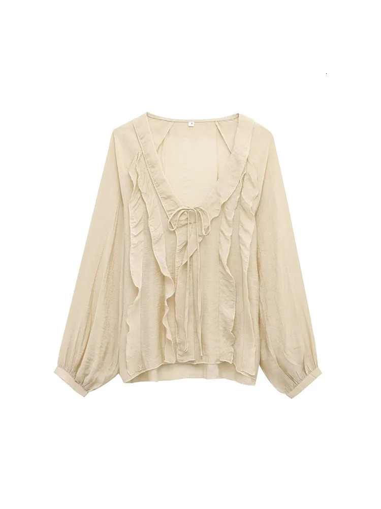 Womens Summer Shirt Top Fashion Solid Vneck Layered Ruffle Bow Elegant Street 250407