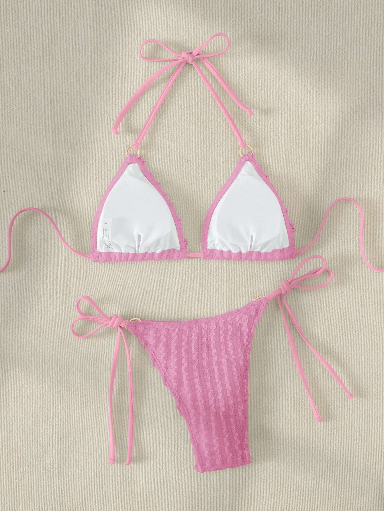 Dongdumaoyi Sexy Pink Bikini Women Halter Ring Linked Push Up Set White Tie Side Thong Swimsuit Bathing Suit Micro Swimwear