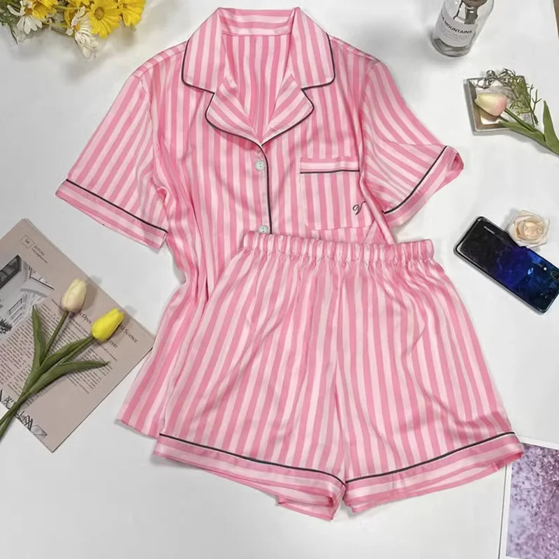 Large Womens Pajama Set Short Sleeve Student Double Piece Open Collar Flip Premium Striped 250313