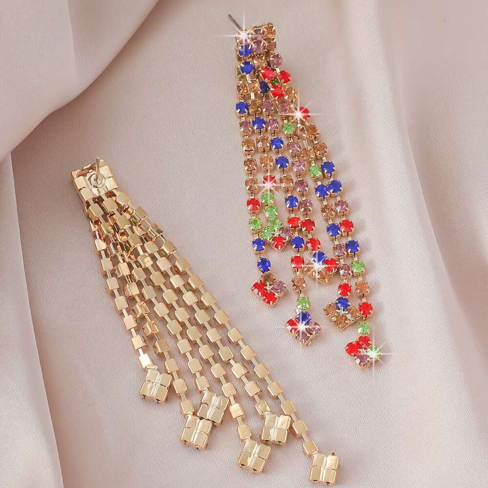 Advanced, fashionable, simple, colorful rhie tassel earrings, banquet street photography, internet celebrity, exaggerated earrings