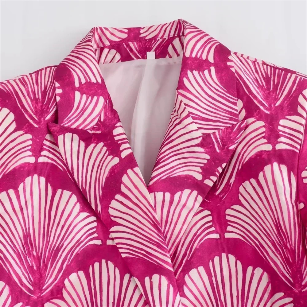 womens clothing loose fit printed silk satin texture set jacket trendy high waisted pants 250407