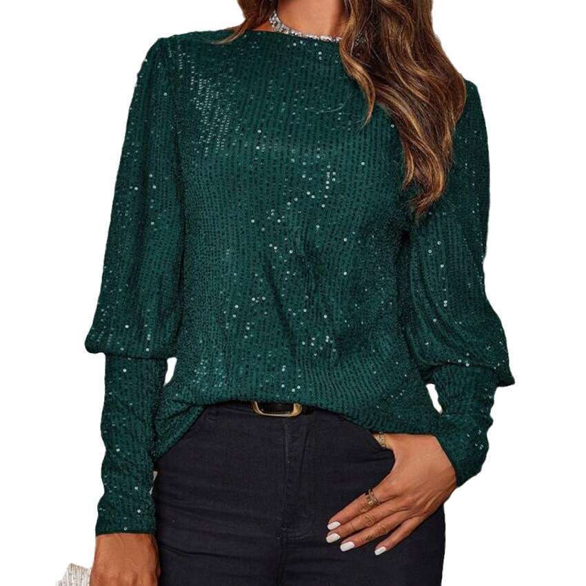 2025Foreign Trade New Commuter Style Loose Long Sleeve Sequin Round Neck Shirt Top T-Shirt for Women