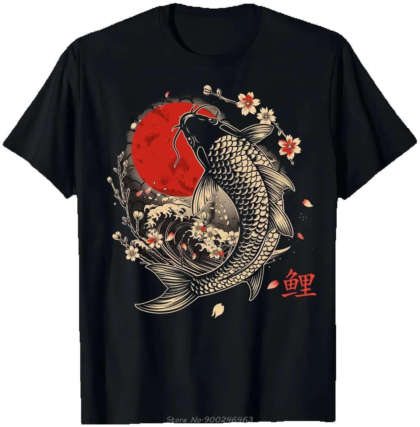 Koi Fish Japanese Sakura Pattern Art Fashion High Collar O-neck Cotton Men's Fierss T-shirt