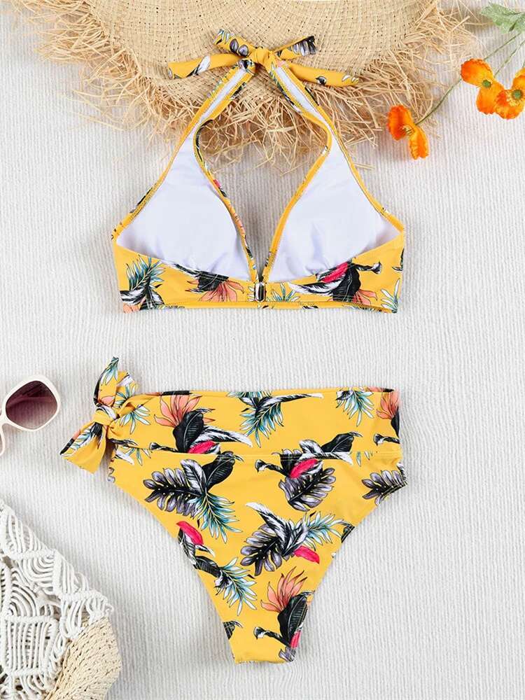 Dongdumaoyi Vintage High Waist Bikini Set Women Black Leave Print Push Up Belt Two Piece Swimsuit Summer Bathing Swimming Suit Swimwear