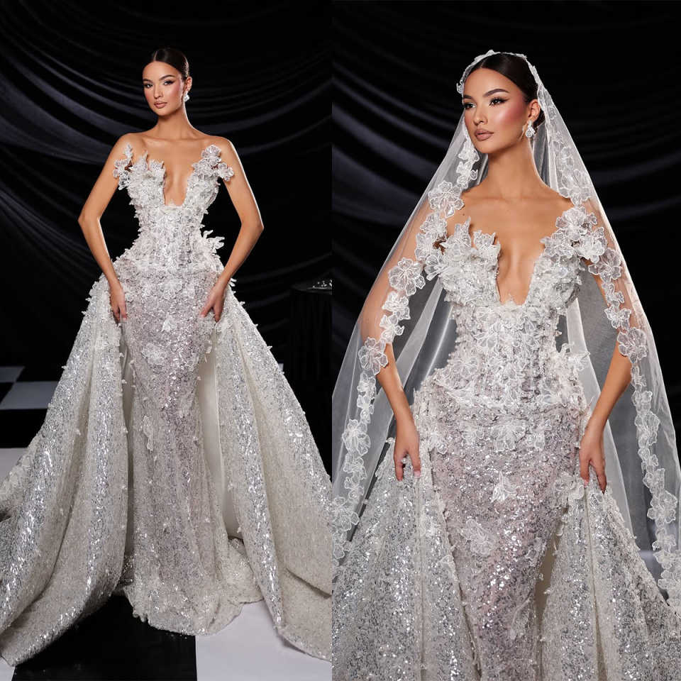 Luxury Mermaid Wedding Dresses New Ball Gown Shine Bride Dress Sequin Lace 3D-Flower Bridal Gown Robe De Vestido Size Customized Plue Size H25482