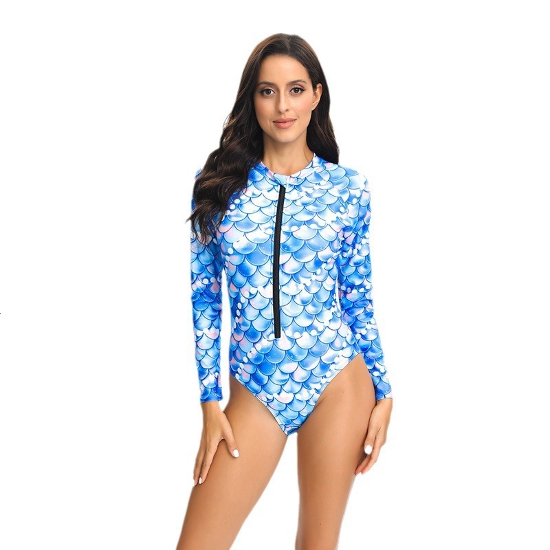 New one-piece long sleeved zipper fish scale print fashion trend surfing suit women's swimsuit