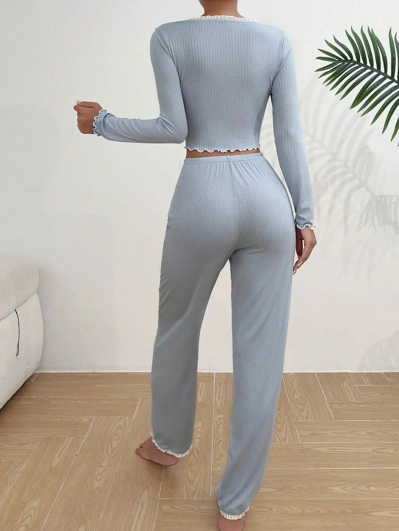 Autumn Winter Womens Pajama Set Long Sleeve Shirt Trouser 2 Sexy Lace Pajamas 250313