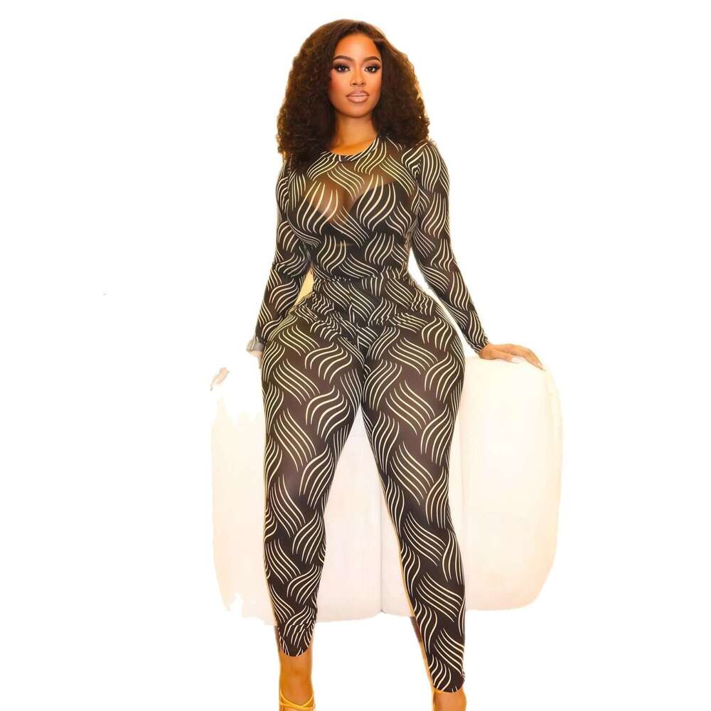 2025 Autumn New Sleeve Round Neck Printed Long Waist-Cinching Sexy Tight Pants Set for Women