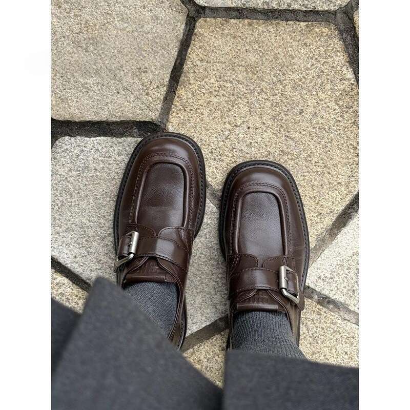 Square Toe Belt Buckle Small Leather For Women 2025 Thick Heel Free shipping College Style Loafers Lazy Versatile Single Shoes