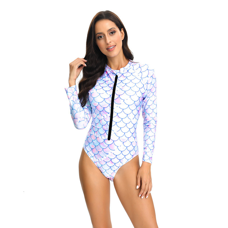 New one-piece long sleeved zipper fish scale print fashion trend surfing suit women's swimsuit