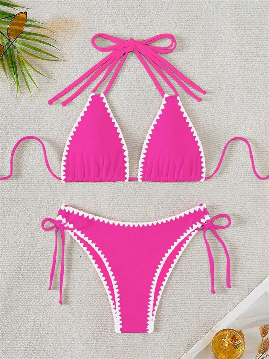 Dongdumaoyi Sexy Black White Contarst Bikini Set Women Push Up Bra Drawstring Side High Waist Swimsuit Beach Bathing Suit Mini Swimwear