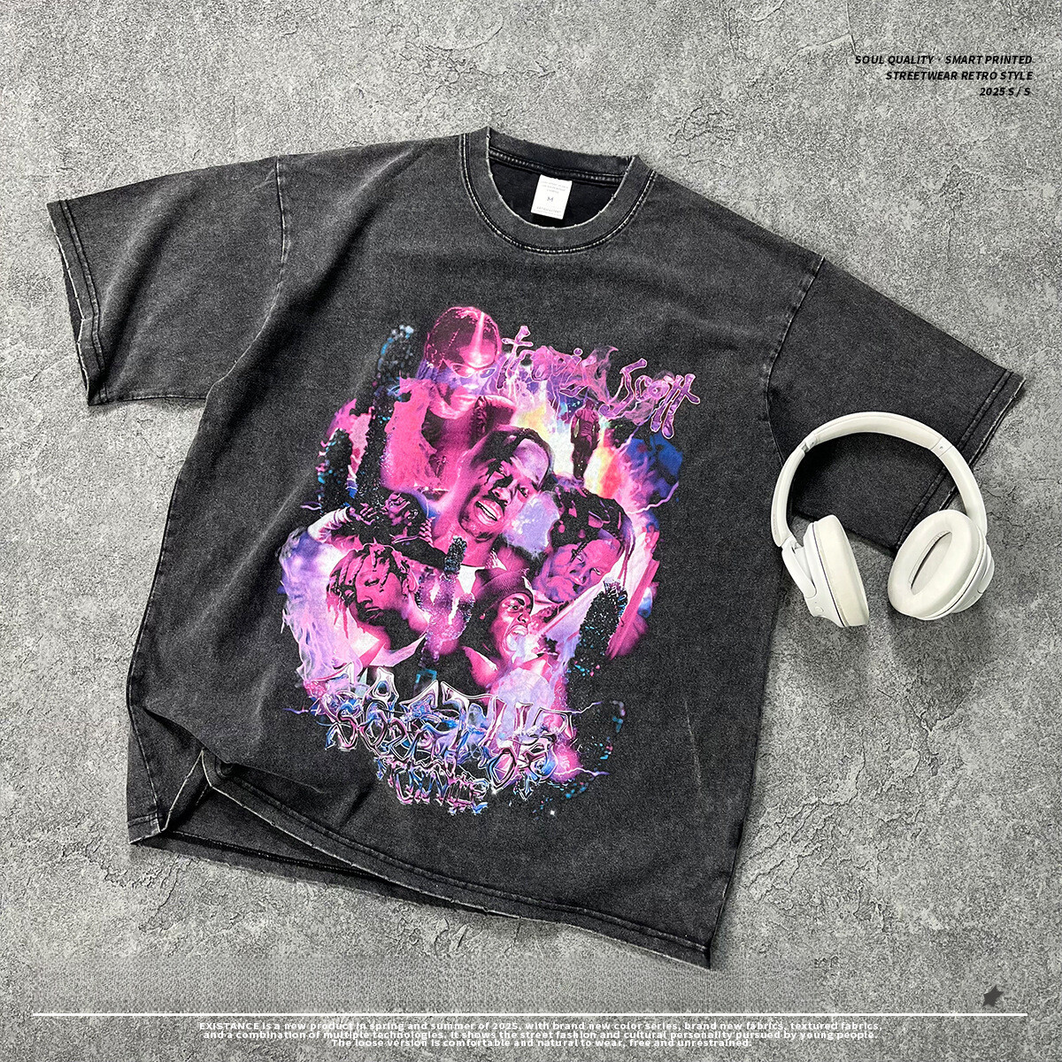 Chain Men's Wear | 2025 New Product Grinding Edge Black distressed Short sleeved Ins Trendy Brand Washed Person Printed T-shirt