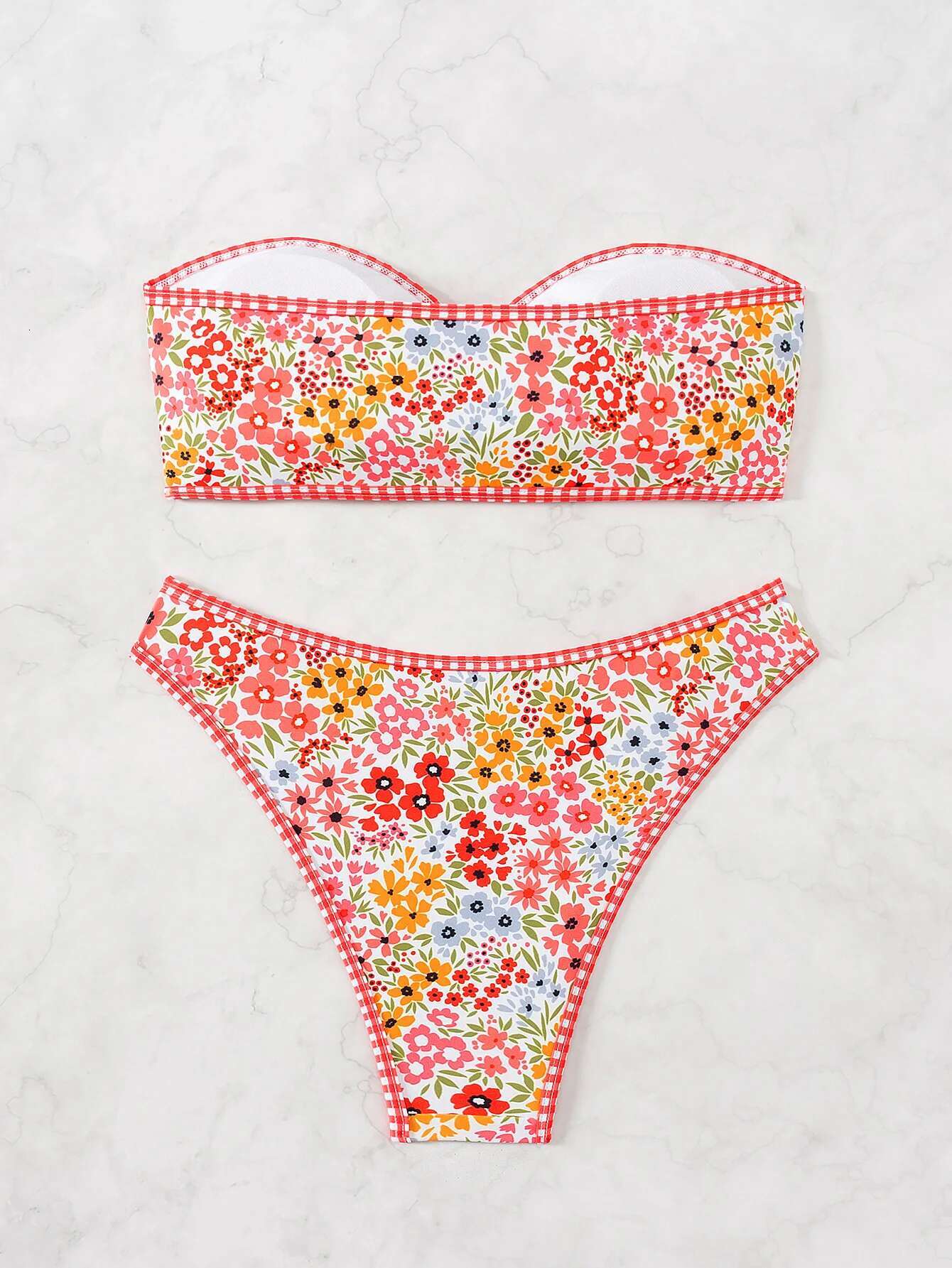 Dongdumaoyi Sexy Bandeau Bikini Mujer Women Front Ring Hollow Out Push Up Bra Thong Swimsuit Red Floral Print Bathing Suit Swimwear
