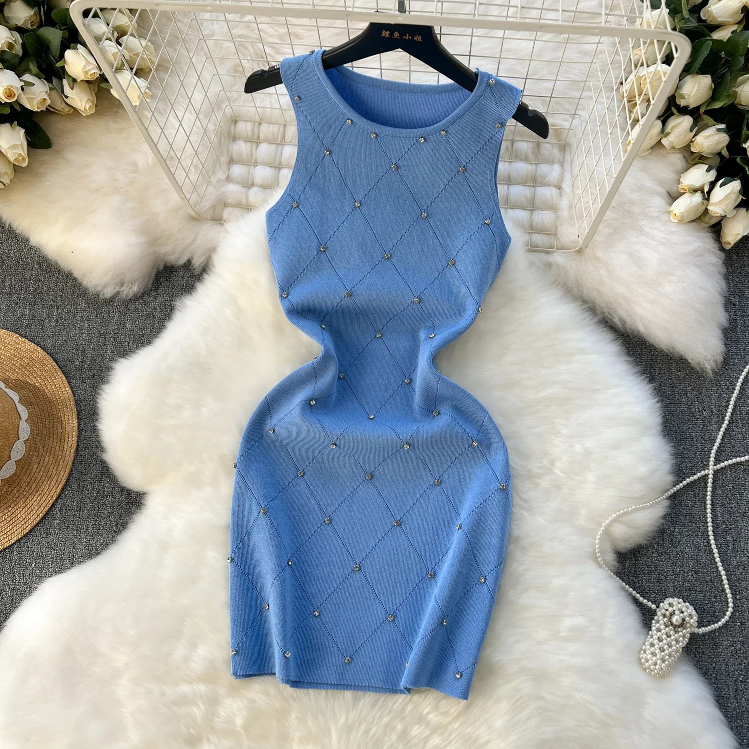 Beaded summer womens knitted jacket vest dress womens tight corset sleeveless mini dress 250402