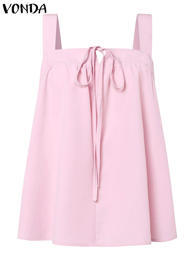 Summer womens vest sexy waistband sleeveless VONDA casual Tshirt solid color loose 250407