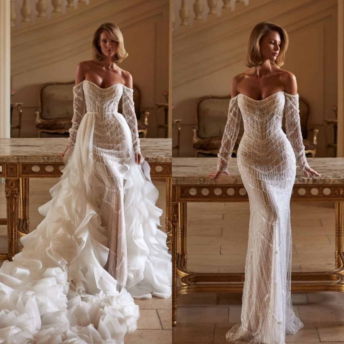 Exquisite Off The Shoulder Mermaid Wedding Dresses Tiered Sequins Lace Dress Bridal Gown Customized Vestido De Novia