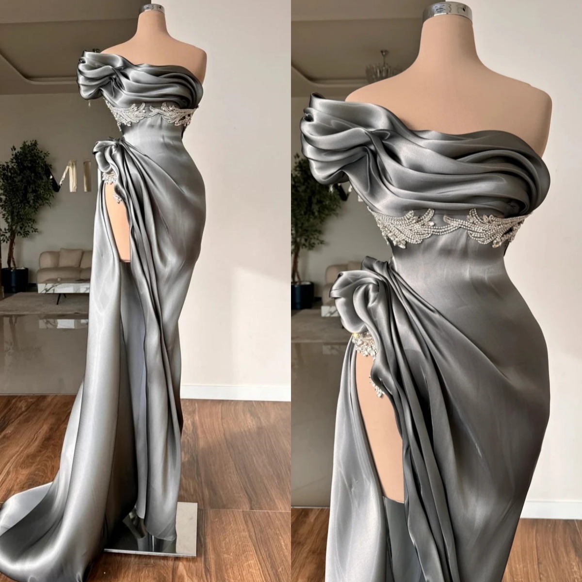 Retro Evening Dresses One Shoulder Mermaid Prom Gowns Rhinestone Beading High Split Customized Sweep Train Princess Formal Occasion Party Dress