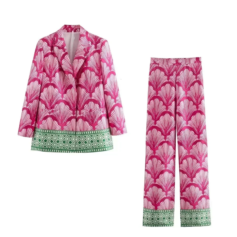 womens clothing loose fit printed silk satin texture set jacket trendy high waisted pants 250407