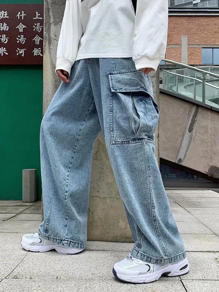 Baggy jeans mens oversized streetwear fashion wide leg cargo pants hip-hop Harajuku multi pocket denim Trouser black blue 250403