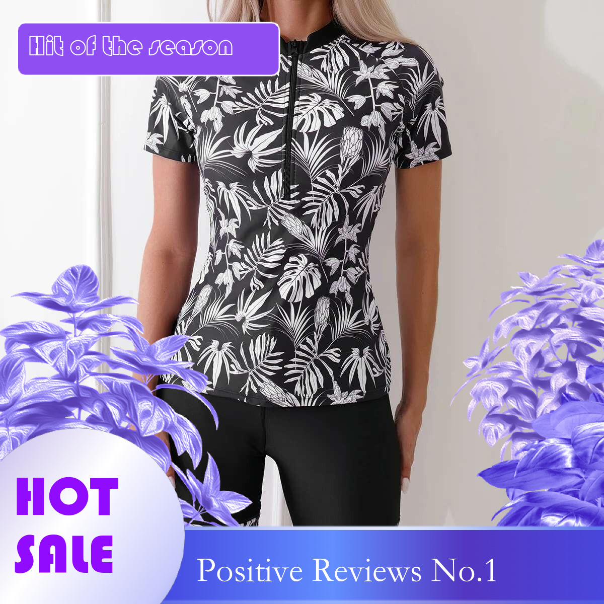 Dongdumaoyi Rash Guard Women Swimsuit Black Leaves Print Front Zipper Long Sleeve Swimwear Surf Sunscreen Beach Bathing Suit Tankini