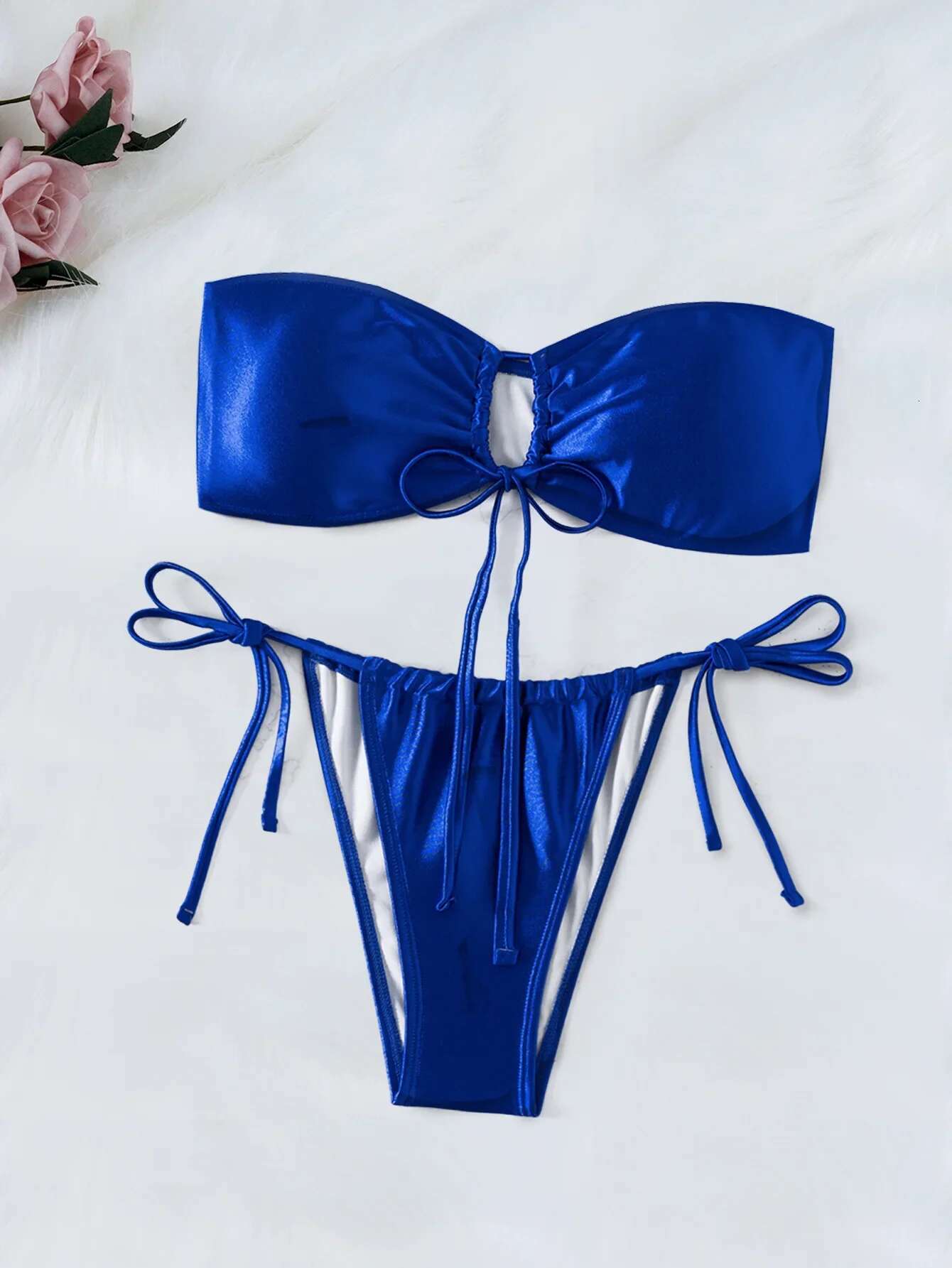 Dongdumaoyi Sexy Bandeau Bikini Women Blue Front Lace Up Bow Push Up Tie Side Thong Swimsuit Beach Bathing Suit Micro Swimwear Biquini
