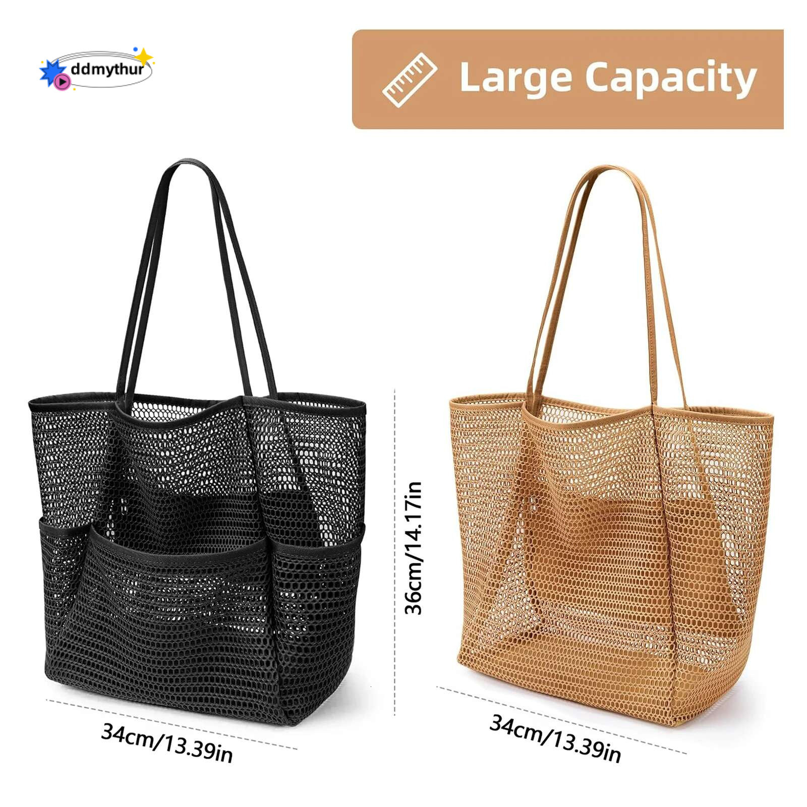 Mesh beach women's shoulder tote bag, large capacity foldable mesh swim bag with pocket.-zmt ddmythur