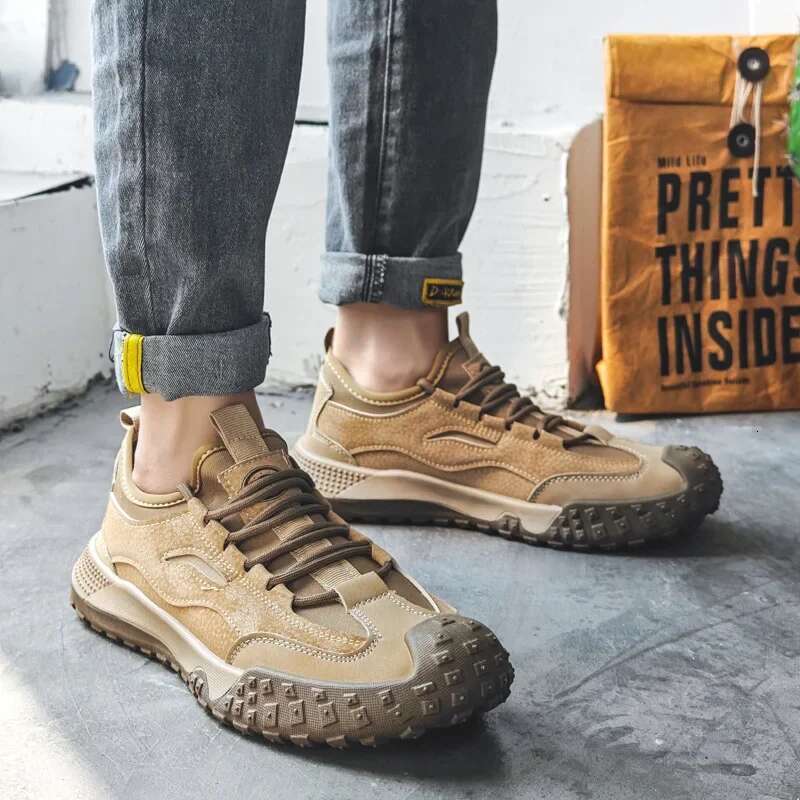 Outdoor Hiking Anti-slip Platform Men Sneakers Retro Leather Jogging Fashion Wear-resistant Trekking Shoes Male