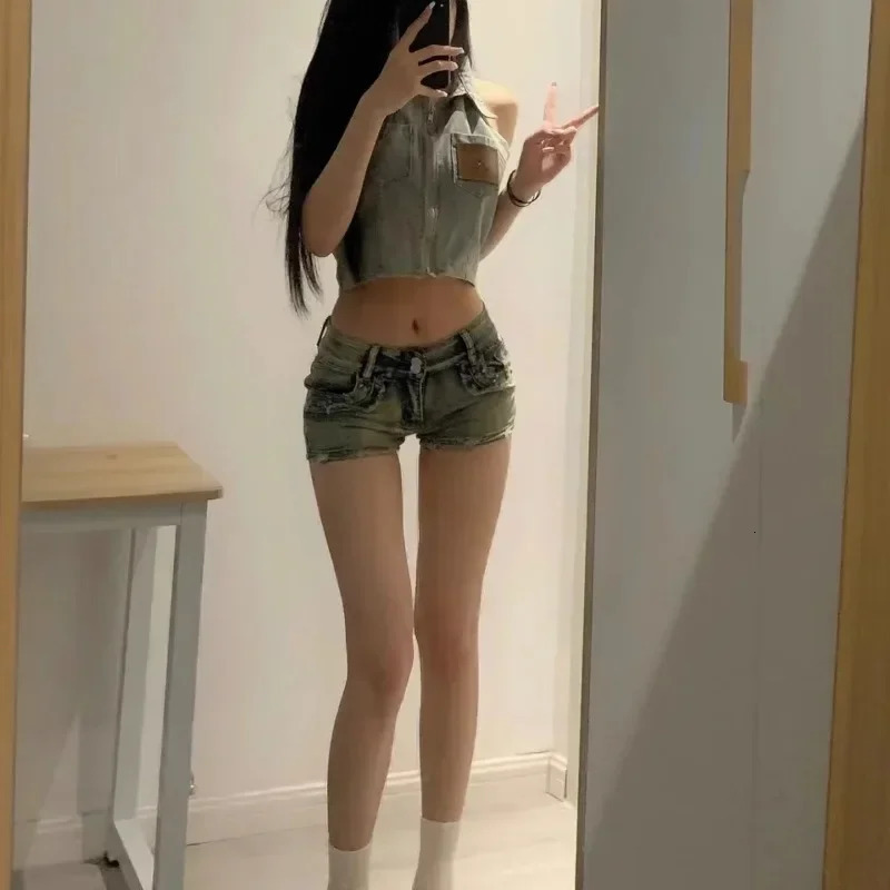 Sexy Straight-Leg Denim Shorts Womens 2025 Summer Low Waist Vintage Blue Jeans Naked Feeling Bubble Butt Pants 250407