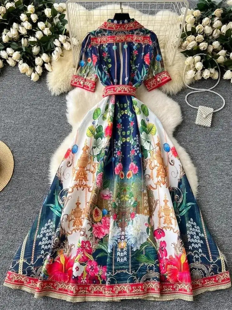 Summer Holiday Short Sleeve Notched Belt A-Line Dress Women Flower Boho Robe Beach Party Vestido Pearls Buttons Up Maxi Clothes 250407