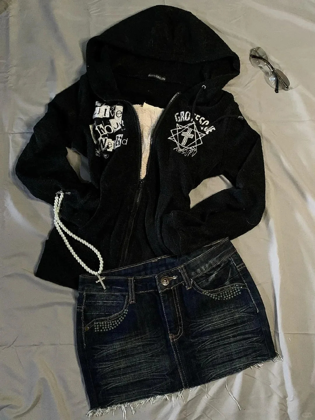 90s Alphabet Punk Hoodie Y2k Gothic Skull Printed Street Clothing Harajuku Girls Hip Hop Zipper Grunge Black Sportswear Women 250403
