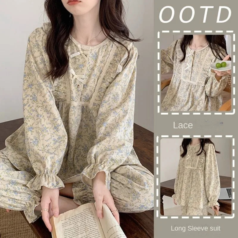 Womens plus size pajamas garden style student home clothes twopiece Korean bow can be worn on long sleeved women 250313