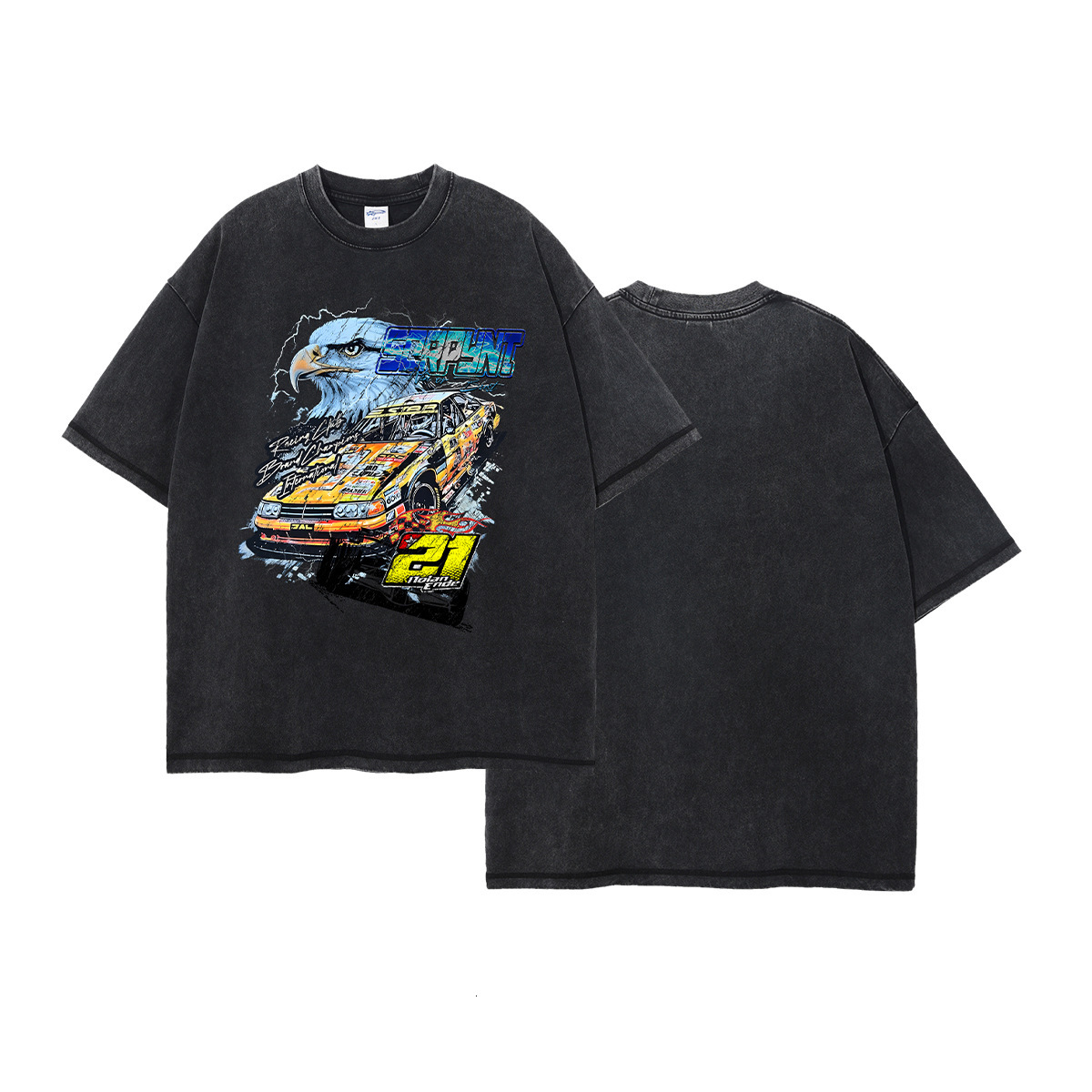 2025 Summer High Street Trendy Brand Loose Small Collar Wax Printed Sleeves, Made Old, Washed Men's Short T-Shirts