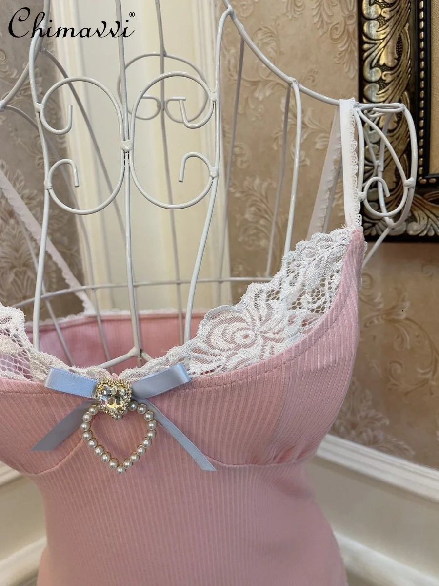 Cute retro bow heartshaped lace slim fit vest top summer dress womens girl Lolita pink sexy suspender 250407