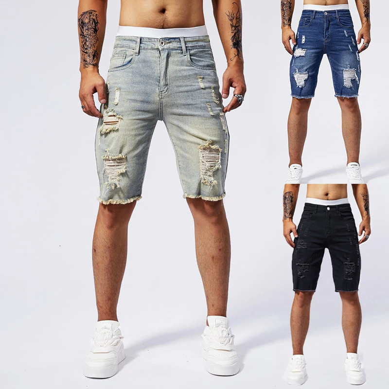 Summer Mens Ripped Denim Shorts Fashion Vintage Hole Streetwear Stretch Slim Kneelength Short Pants Trendy Male 250313