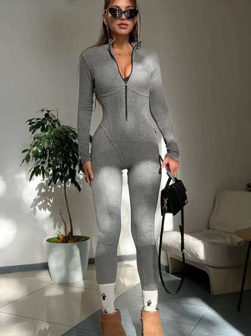 Women Long Sleeve Zipper Jumpsuits 2025 Spring Autumn High Waist Skinny Corset Overalls Female Fiess Sports Yoga Bodysuits