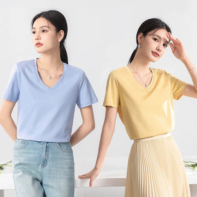 High end 10% silk and commodity cotton womens Tshirt luxurious threeway short sleeved feel summer wear top VO collar 250407