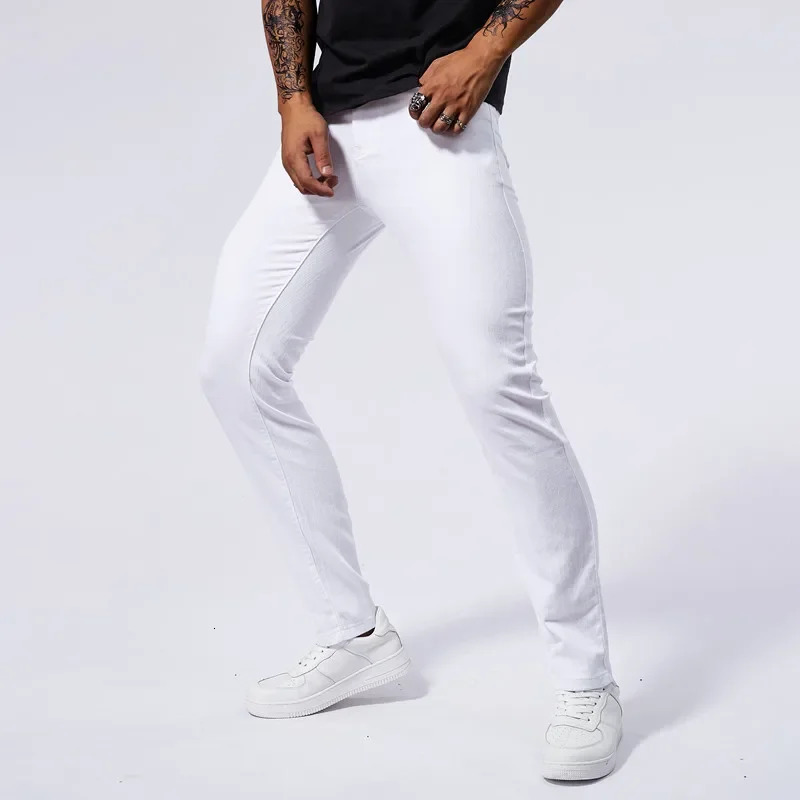 Fashionable elastic mens white jeans comfortable slim American street clothing denim pants 250401