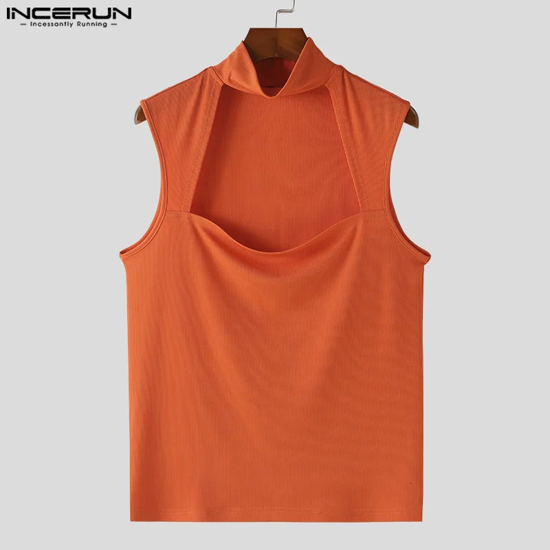 INCERUN Tops American Style Mens Sexy Hollow Knitted Tank Top Mens Street Clothing Elastic Half High Neck Sleeveless Tank Top S-5XL 250403