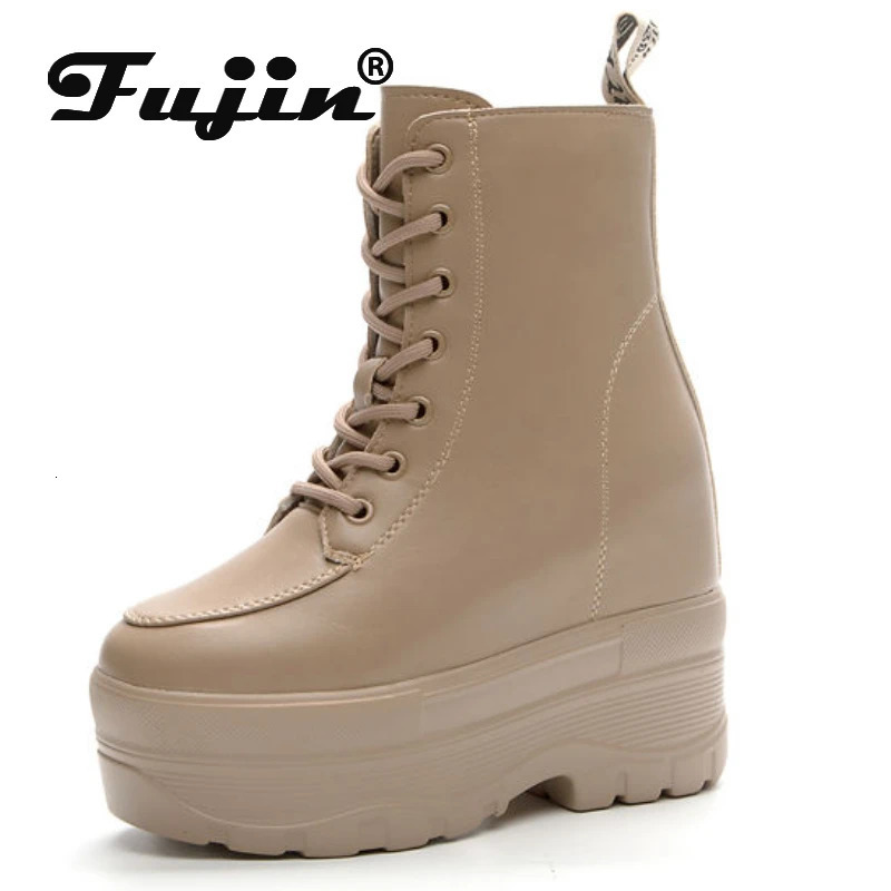 Fujin 10cm 12cm Women Casual PU Leather Woman Platform Wedge Ankle Boots Spring Autumn Shoes Chunky Sneakers Winter Plush Shoes 250402