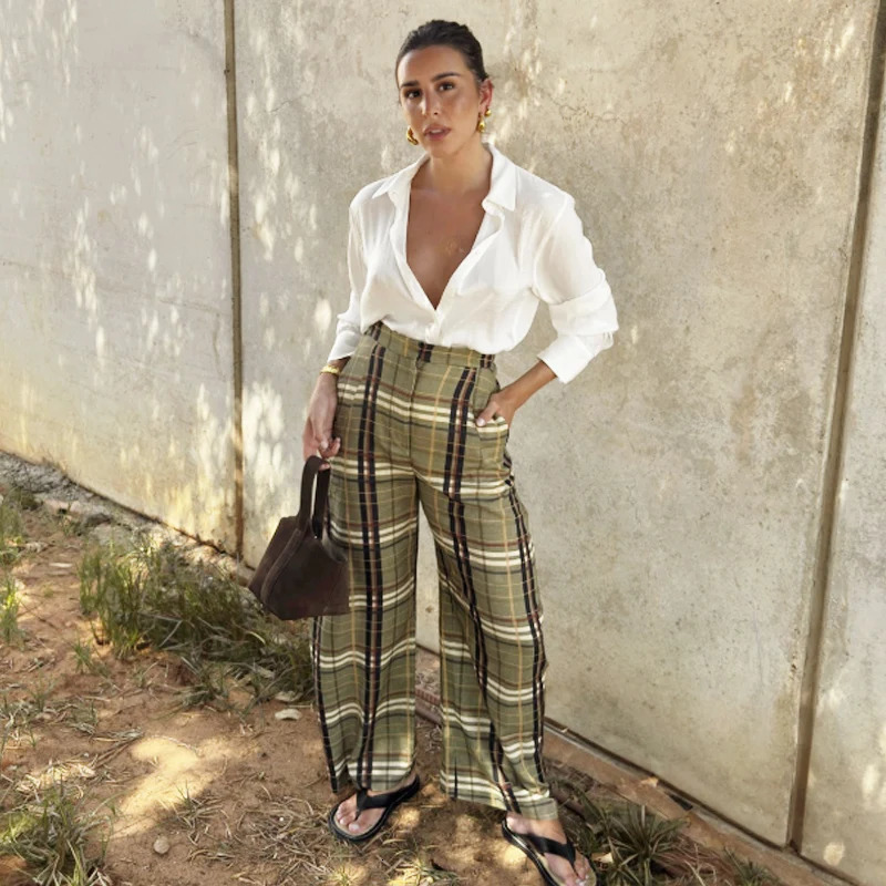 HXAO Plaid Baggy Pants Womens Pants Autumn 2025 Ladies Fashion Oversize High Waist Trousers Elegant Wide Leg Street Wear Pants251103