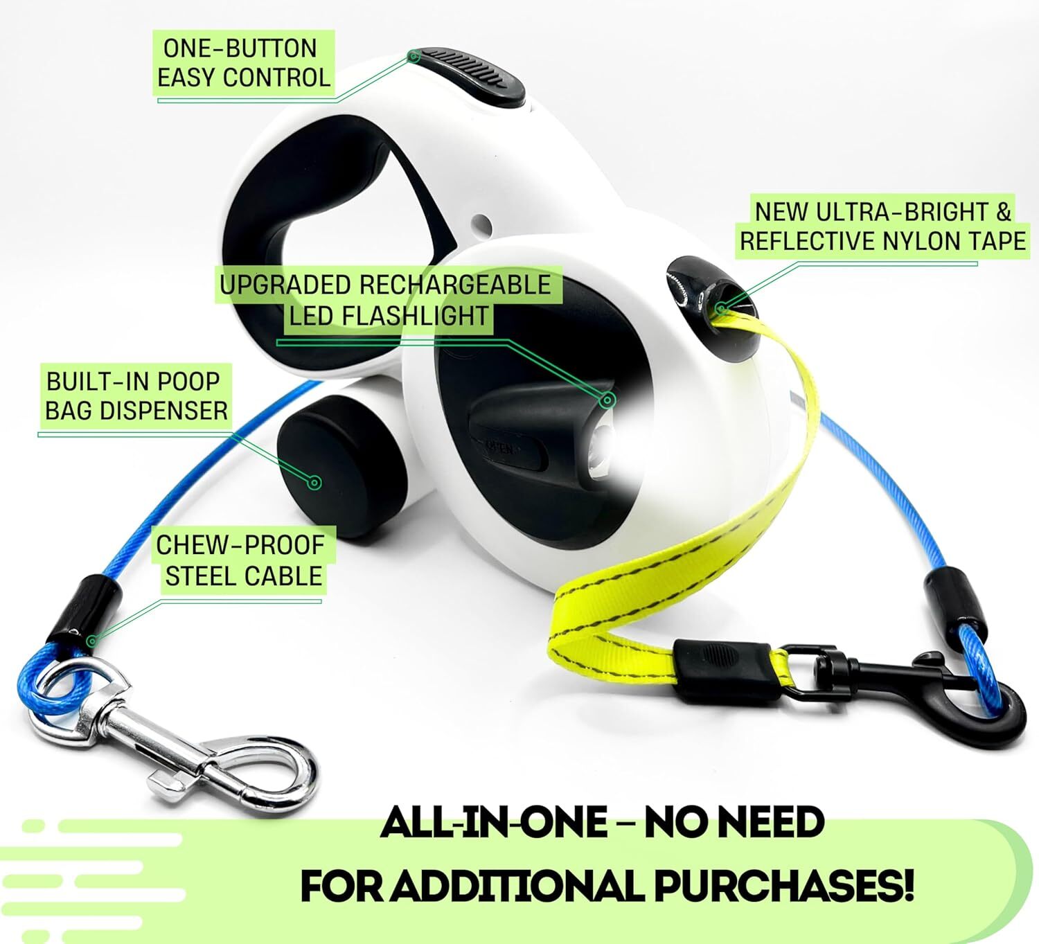 16ft retractable dog leash with led light chewresistant steel cable reflective strips tanglefree design heavy duty extendable leash for small to mediu