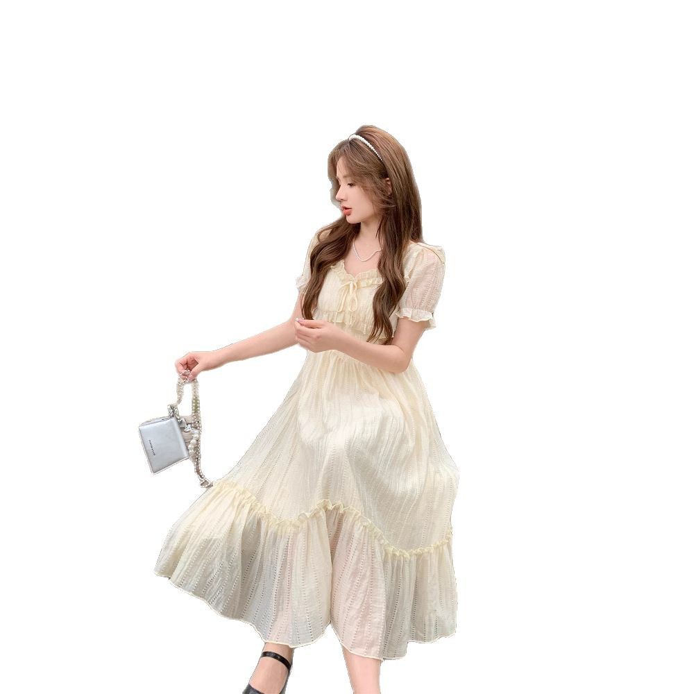 Y32135 High quality French style meat-covering sweet dress 2025 summer new style slim gentle style waist slim long skirt