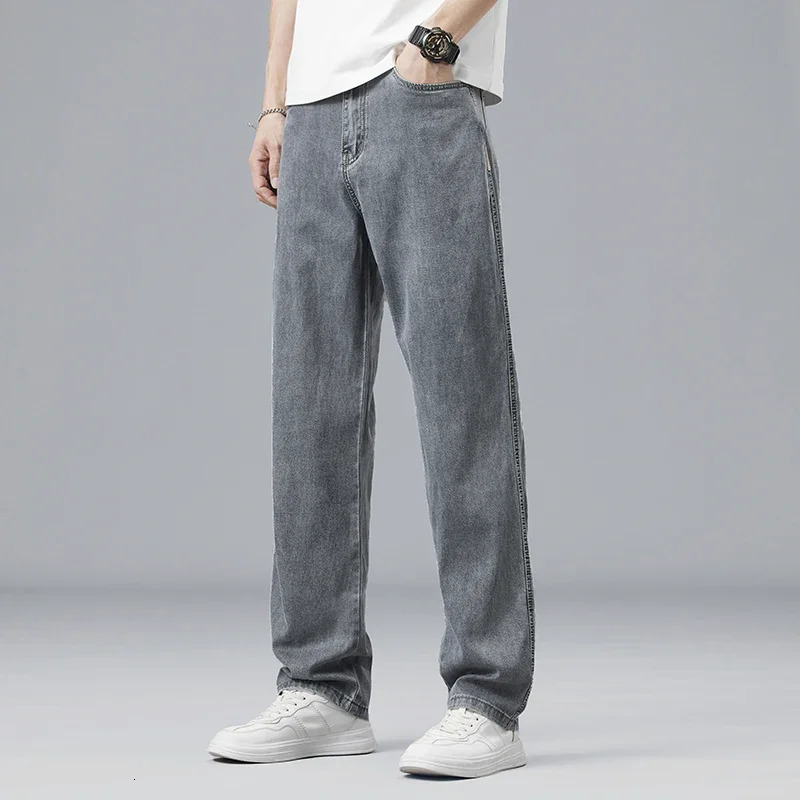 Lyocell ultrathin summer mens jeans elastic ice silk dress soft loose pants straight casual denim clothing Trouser 250401