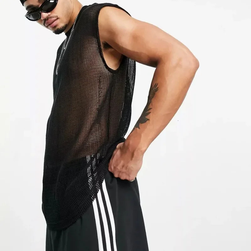 Mens Hollow Loose T-shirt Black Mens Sports Perspective Tank Top Casual Sexy Tank Top Mens Evening Dress Club Dress 250403