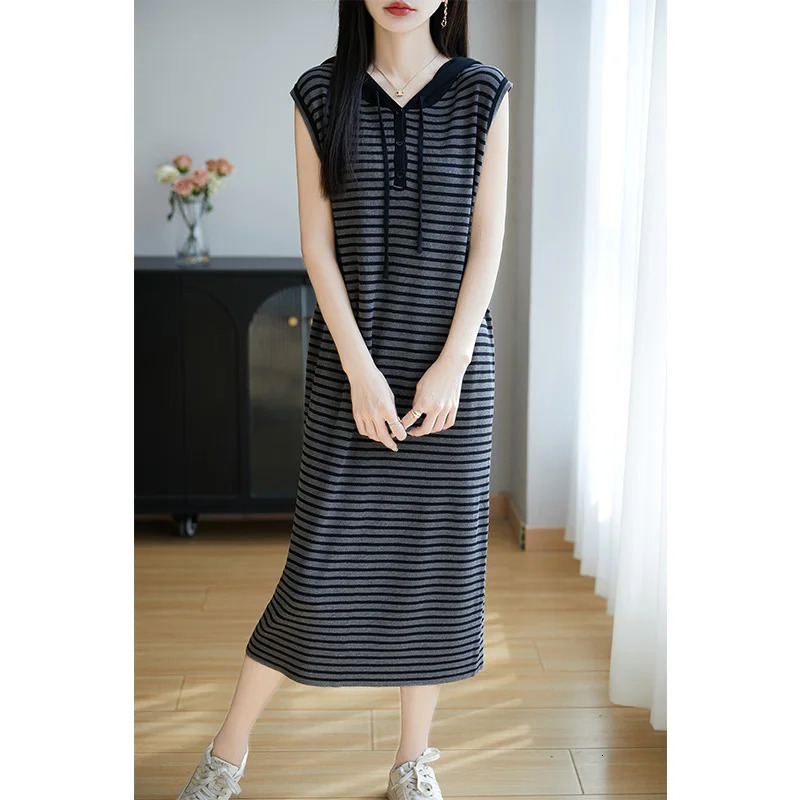Younger Hoodie Contrast Color Ice Silk Stripe Knitted Tank Top for Womens Weight Loss Long Thin Long Sleeve 250402